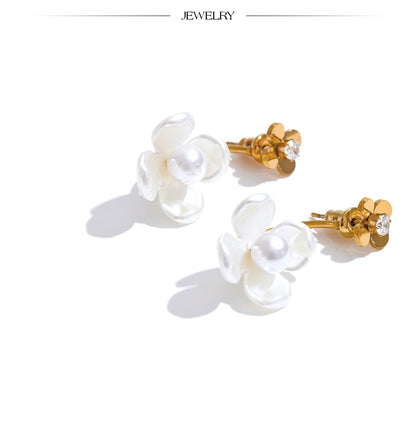 Yhpup Stainless Steel Korean Style 2024 Elegant Simulated Pearls Resin Flower Zircon Golden Stud Earrings Daily Fairy Jewelry