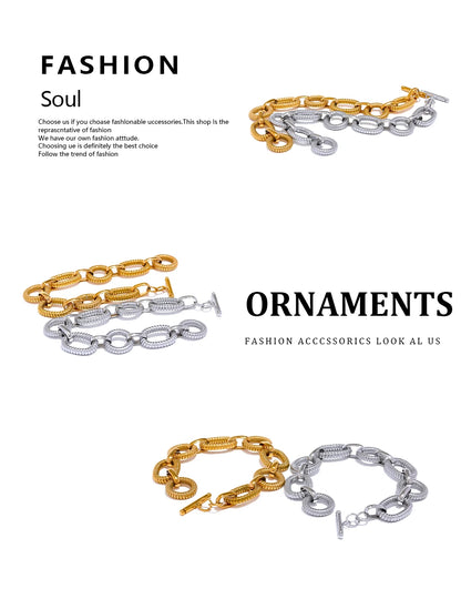 Yhpup 316L Stainless Steel Metal Texture Oval Chain Bracelet Bangle Men Women 18K PVD Plated Toggle-Clasps Statement Jewelry