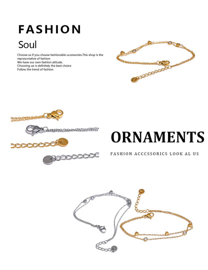Yhpup Delicate Chain Heart Zircon Double Layer Stacking Bracelet Bangle Chic Summer 2024 Stainless Steel Waterproof Jewelry Gift