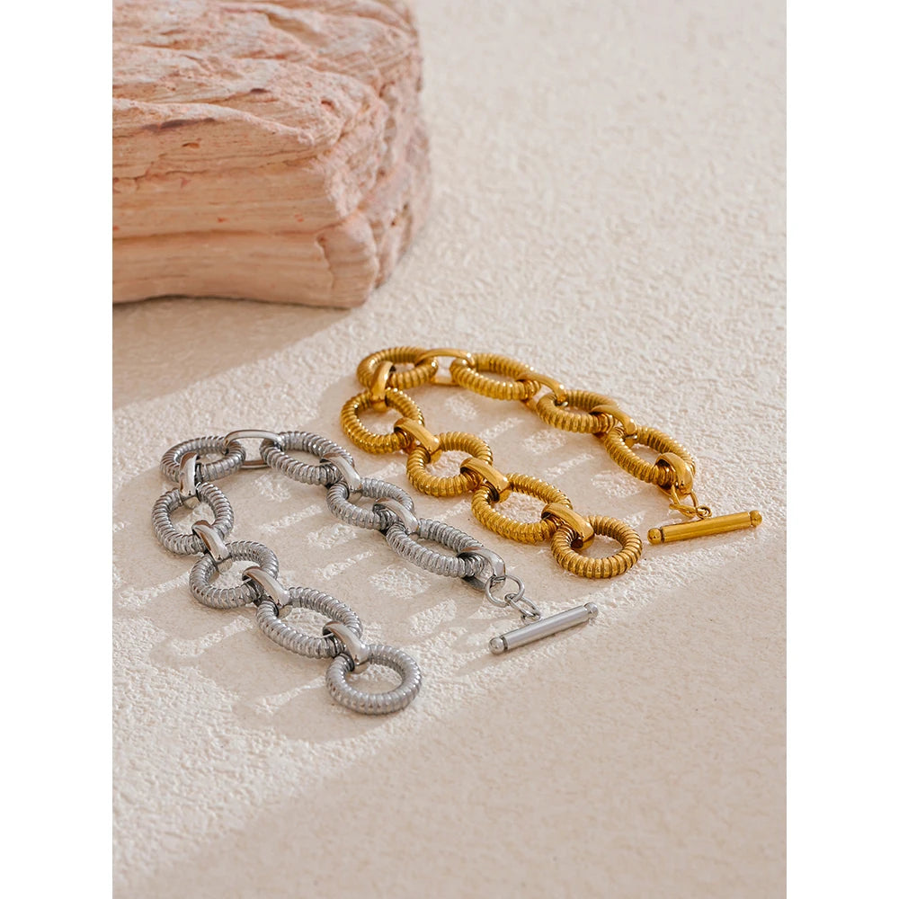 Yhpup 316L Stainless Steel Metal Texture Oval Chain Bracelet Bangle Men Women 18K PVD Plated Toggle-Clasps Statement Jewelry