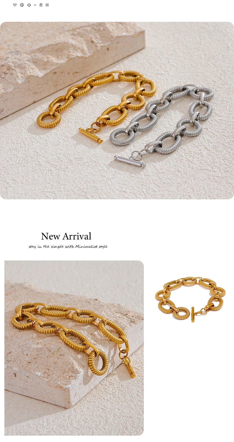 Yhpup 316L Stainless Steel Metal Texture Oval Chain Bracelet Bangle Men Women 18K PVD Plated Toggle-Clasps Statement Jewelry