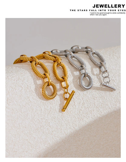 Yhpup 316L Stainless Steel Metal Texture Oval Chain Bracelet Bangle Men Women 18K PVD Plated Toggle-Clasps Statement Jewelry