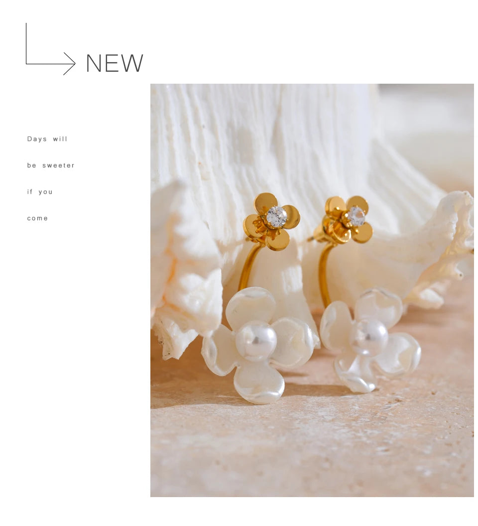 Yhpup Stainless Steel Korean Style 2024 Elegant Simulated Pearls Resin Flower Zircon Golden Stud Earrings Daily Fairy Jewelry