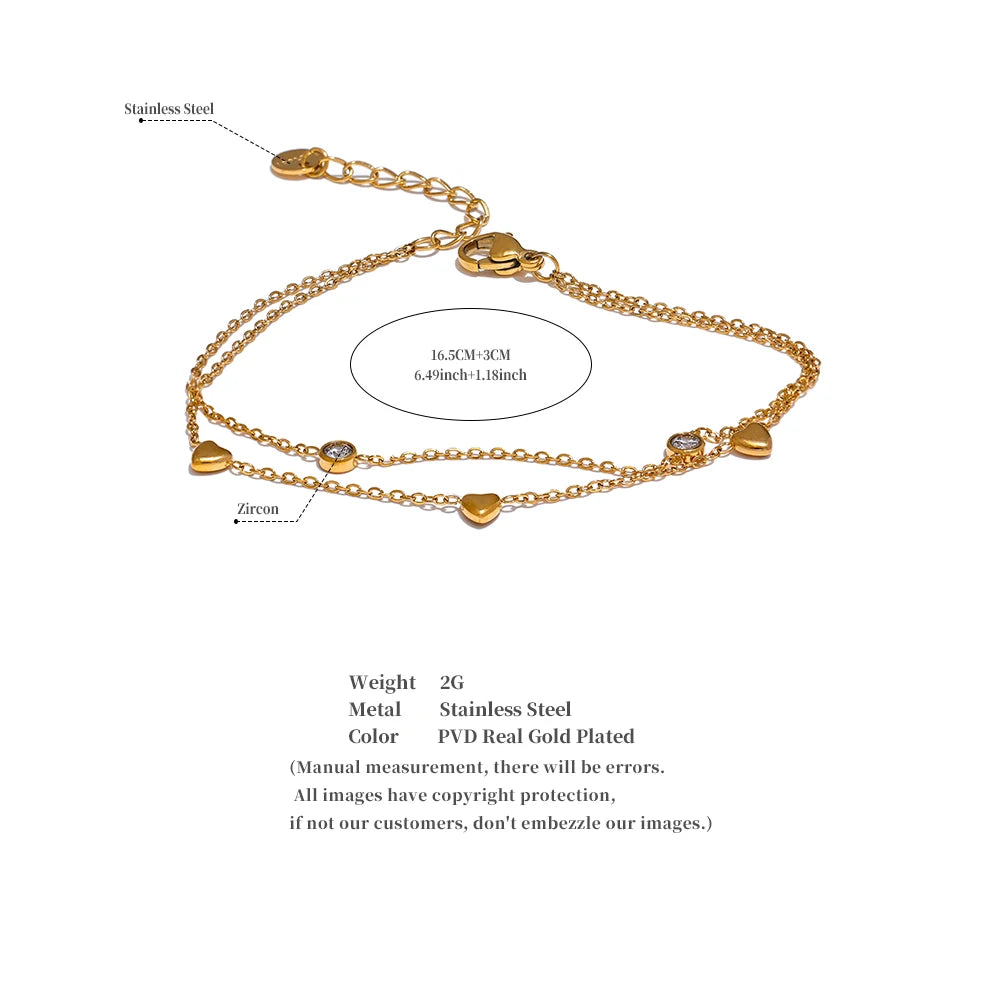 Yhpup Delicate Chain Heart Zircon Double Layer Stacking Bracelet Bangle Chic Summer 2024 Stainless Steel Waterproof Jewelry Gift