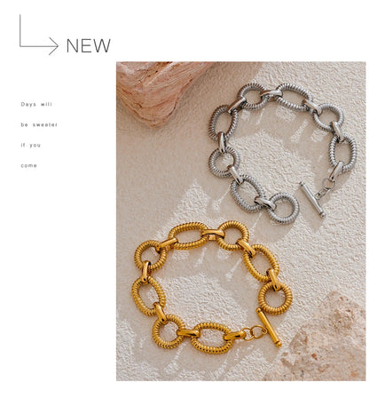 Yhpup 316L Stainless Steel Metal Texture Oval Chain Bracelet Bangle Men Women 18K PVD Plated Toggle-Clasps Statement Jewelry