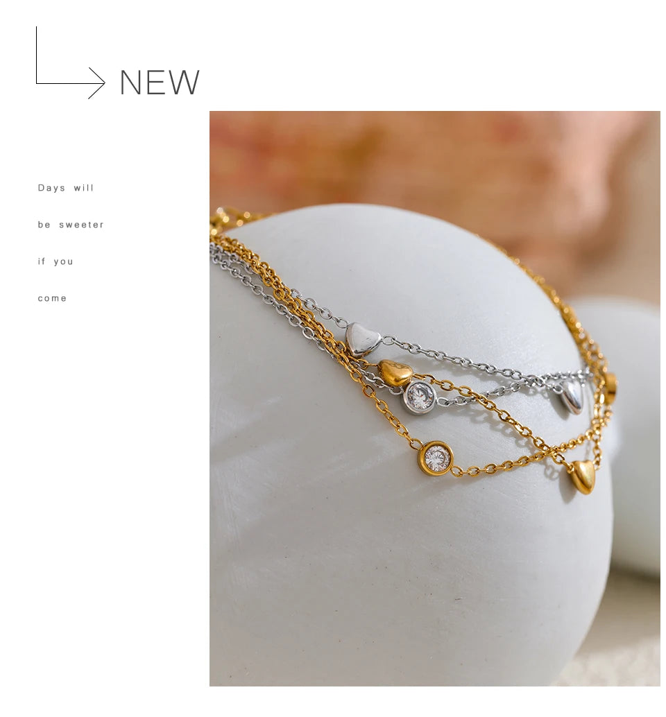 Yhpup Delicate Chain Heart Zircon Double Layer Stacking Bracelet Bangle Chic Summer 2024 Stainless Steel Waterproof Jewelry Gift