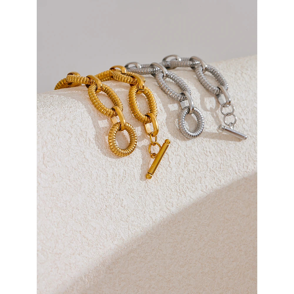 Yhpup 316L Stainless Steel Metal Texture Oval Chain Bracelet Bangle Men Women 18K PVD Plated Toggle-Clasps Statement Jewelry