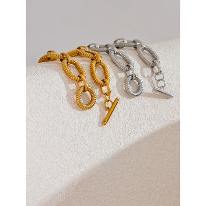Yhpup 316L Stainless Steel Metal Texture Oval Chain Bracelet Bangle Men Women 18K PVD Plated Toggle-Clasps Statement Jewelry