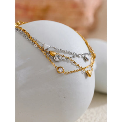 Yhpup Delicate Chain Heart Zircon Double Layer Stacking Bracelet Bangle Chic Summer 2024 Stainless Steel Waterproof Jewelry Gift